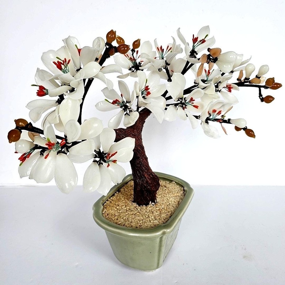 Vintage‎ Chinese Glass Bonsai Tree White Flower Celadon Pot Chinoiserie Decor
